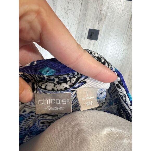 Chico’s Blue Paisley Tunic Top Size 1 M Boho Patchwork 3/4‎ Sleeve Travelers - Picture 8 of 9